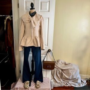 RYU: Women’s Wool Blend Peplum Boucle Tweed Puff Sleeve Bow Collar Jacket L